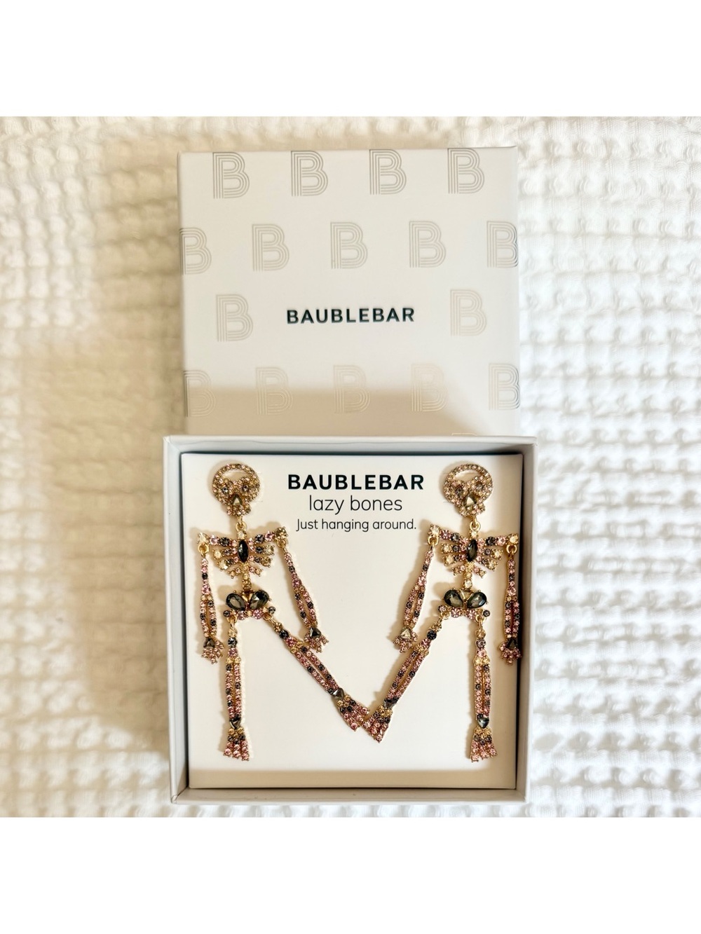 BaubleBar Lazy Bones Crystal Skeleton Dangle Post Back Earrings 3” Halloween New